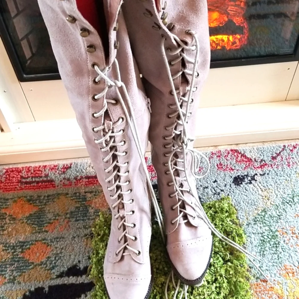 JEFFREY CAMPBELL FREE PEOPLE Over The Knee OTK JOE Grey Lace Up Heels Boots 8.5 - Picture 5 of 16